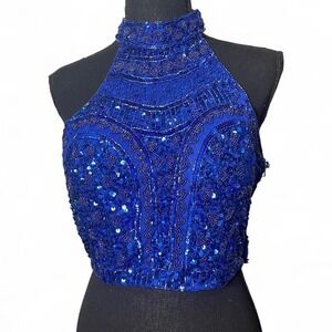 Blue beaded halter top with mesh chest area